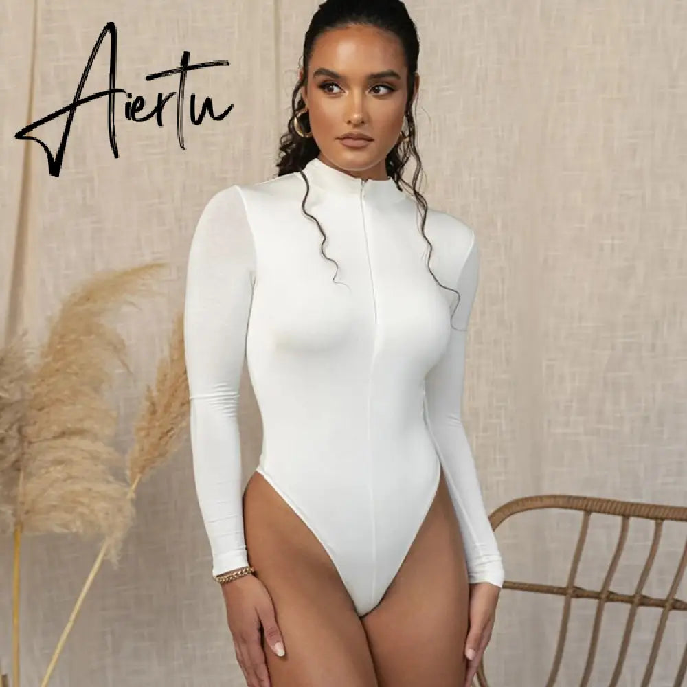 Aiertu long sleeve front zipper v neck women sexy body high stretchy basic bodysuit Aiertu