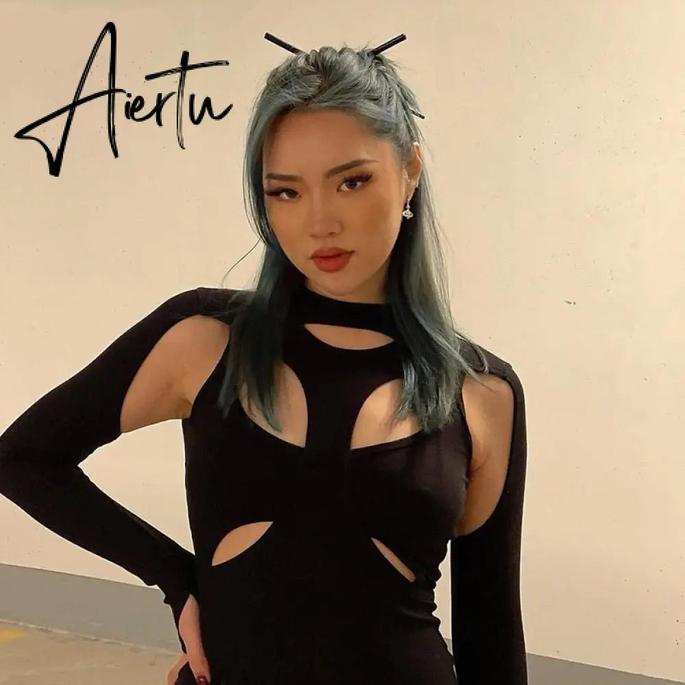 Aiertu Long Sleeve Hollow Out Sexy Mini Dress Summer Women Fashion Streetwear Outfits Y2K Chic Club Wear Aiertu