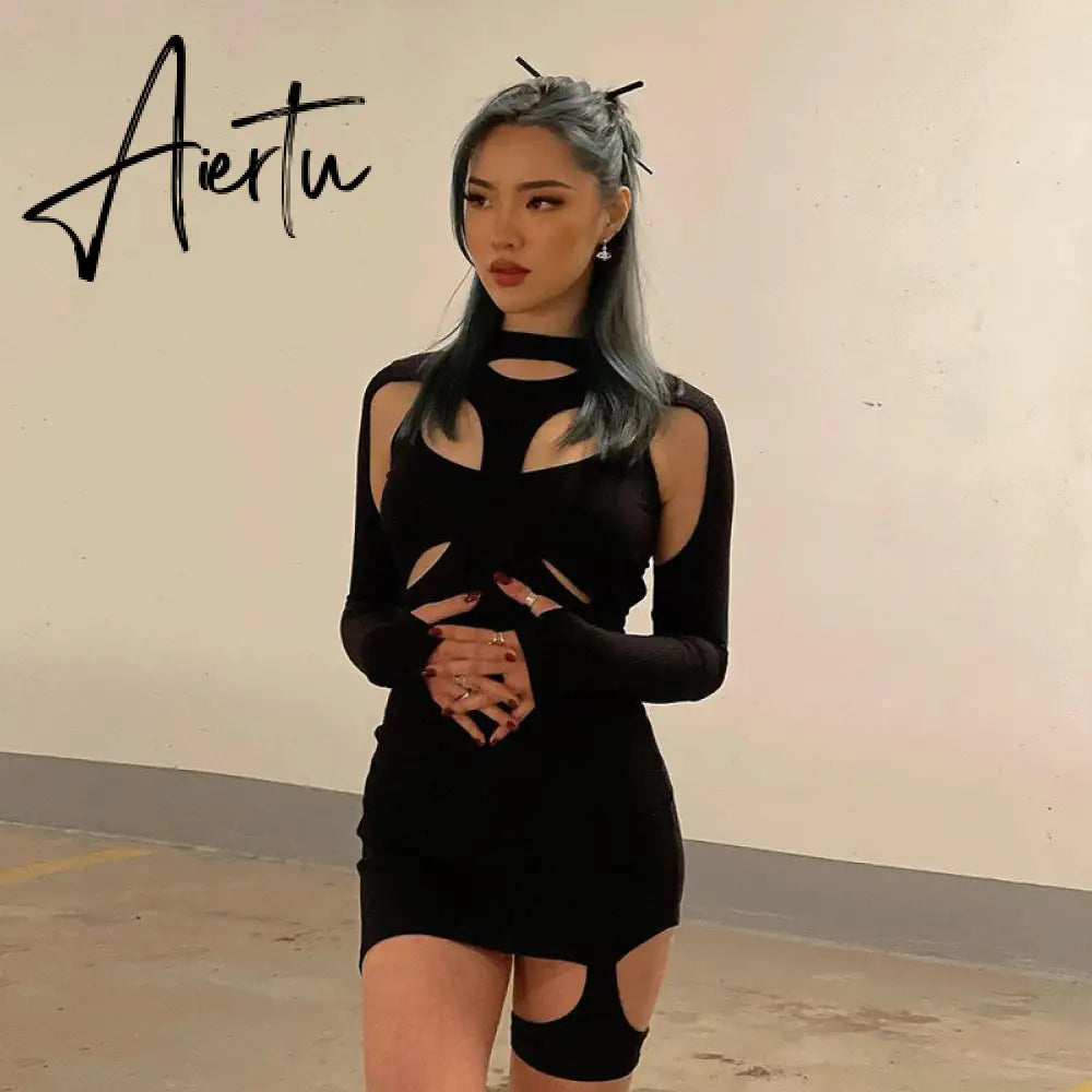 Aiertu Long Sleeve Hollow Out Sexy Mini Dress Summer Women Fashion Streetwear Outfits Y2K Chic Club Wear Aiertu