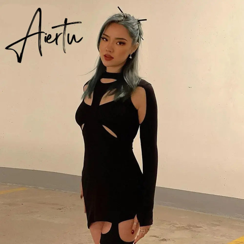 Aiertu Long Sleeve Hollow Out Sexy Mini Dress Summer Women Fashion Streetwear Outfits Y2K Chic Club Wear Aiertu