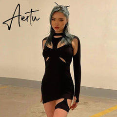 Aiertu Long Sleeve Hollow Out Sexy Mini Dress Summer Women Fashion Streetwear Outfits Y2K Chic Club Wear Aiertu