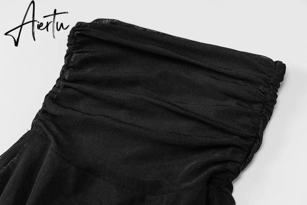 Aiertu Long Sleeve Mesh See-Through Bandage Sexy Mini Dress Summer Women Streetwear Outfits Y2K Chic Party Club Clothing Aiertu