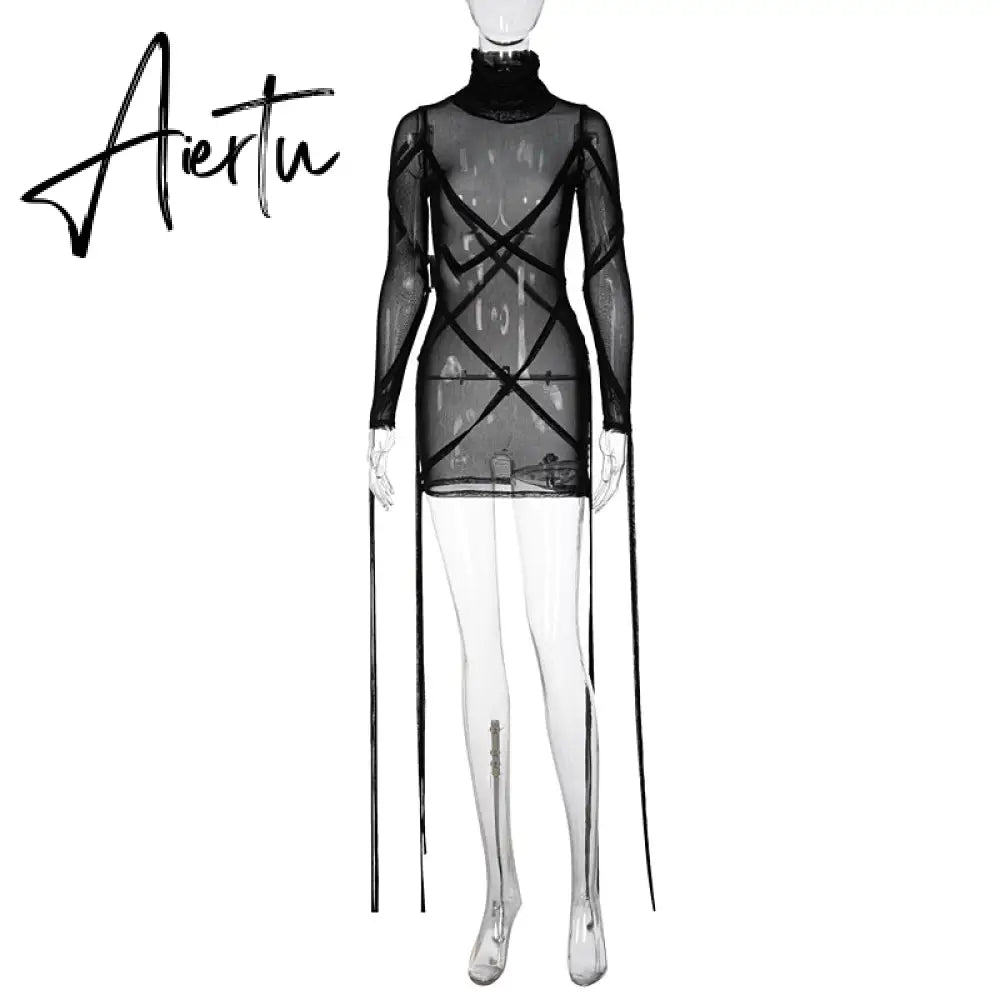 Aiertu Long Sleeve Mesh See-Through Bandage Sexy Mini Dress Summer Women Streetwear Outfits Y2K Chic Party Club Clothing Aiertu