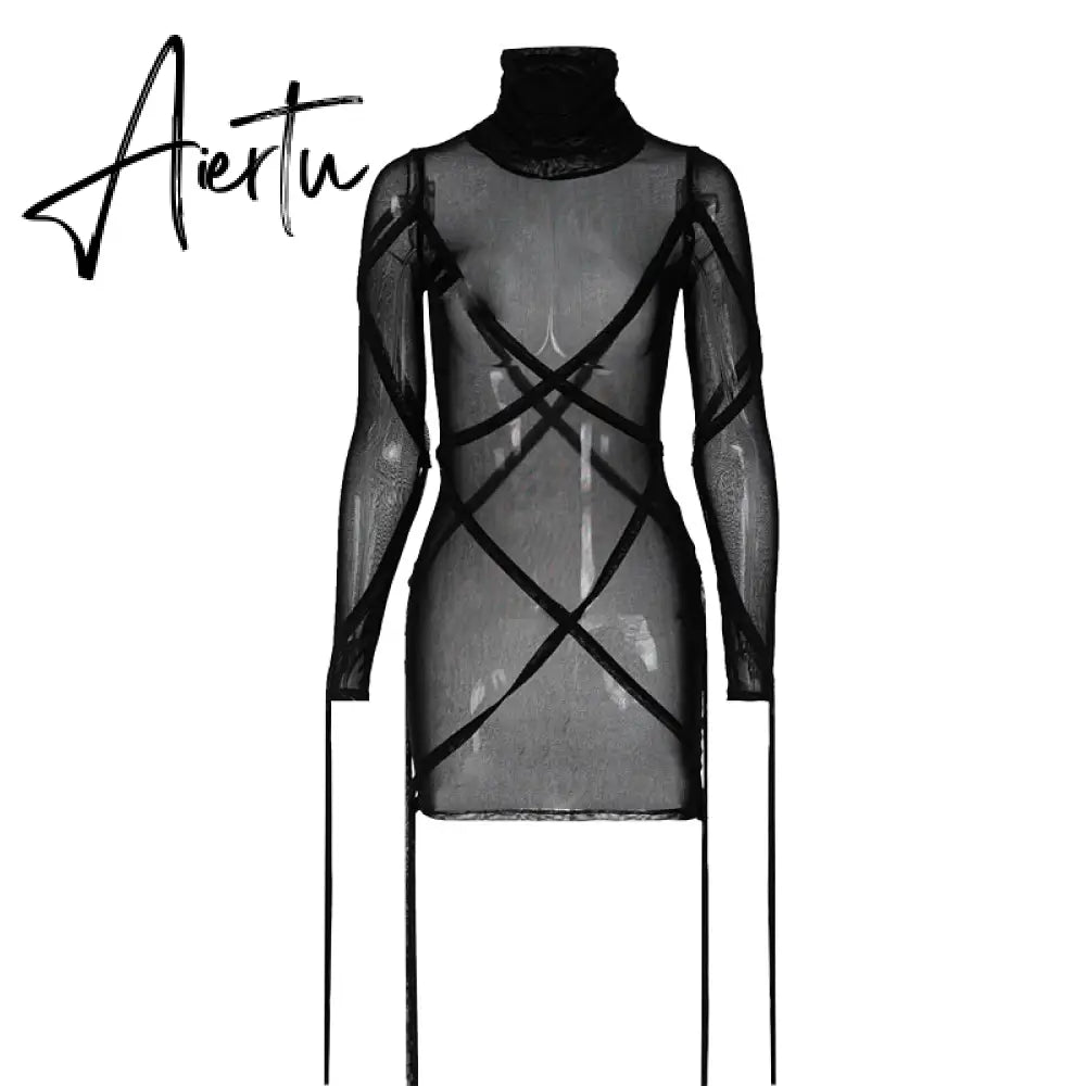 Aiertu Long Sleeve Mesh See-Through Bandage Sexy Mini Dress Summer Women Streetwear Outfits Y2K Chic Party Club Clothing Aiertu