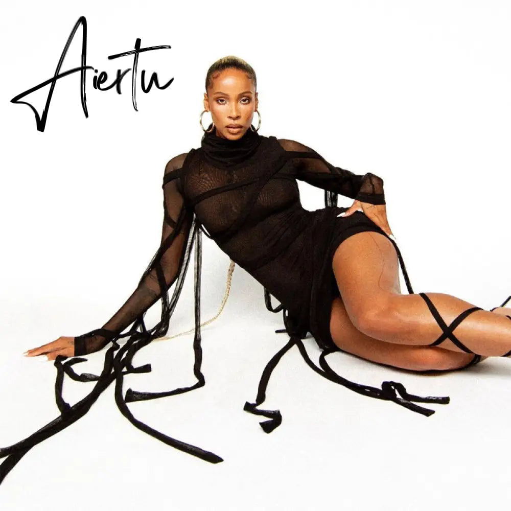 Aiertu Long Sleeve Mesh See-Through Bandage Sexy Mini Dress Summer Women Streetwear Outfits Y2K Chic Party Club Clothing Aiertu