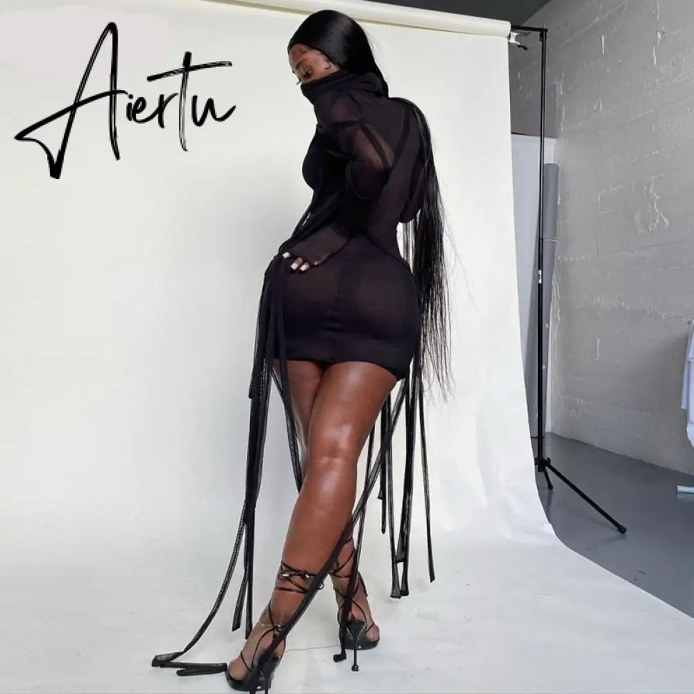 Aiertu Long Sleeve Mesh See-Through Bandage Sexy Mini Dress Summer Women Streetwear Outfits Y2K Chic Party Club Clothing Aiertu