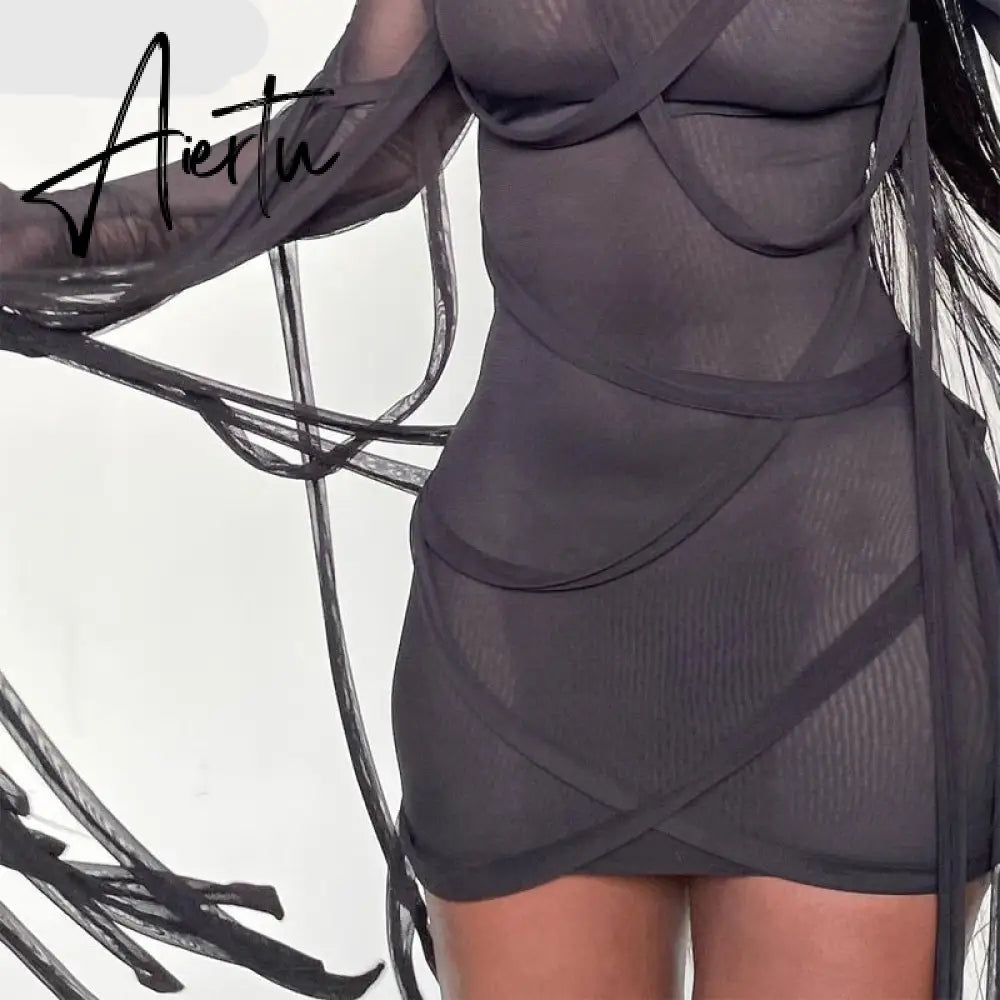 Aiertu Long Sleeve Mesh See-Through Bandage Sexy Mini Dress Summer Women Streetwear Outfits Y2K Chic Party Club Clothing Aiertu