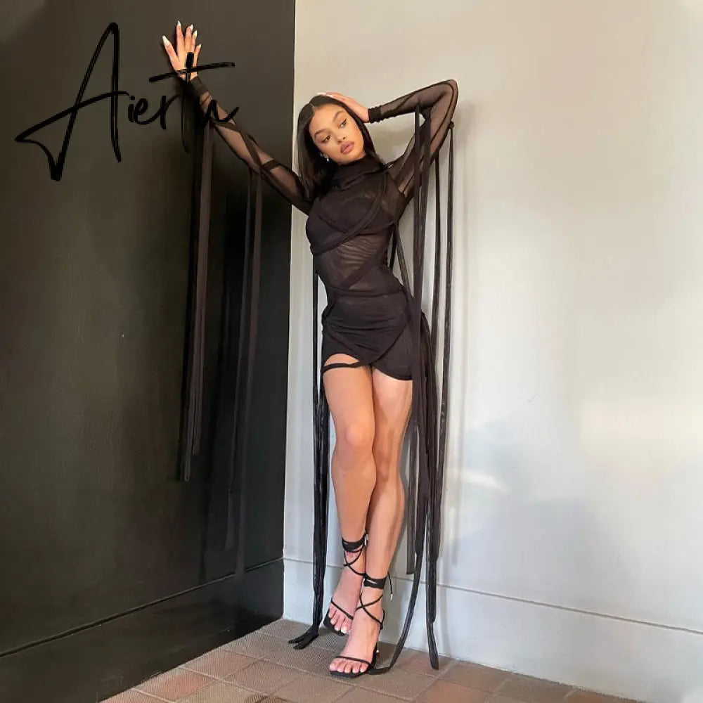 Aiertu Long Sleeve Mesh See-Through Bandage Sexy Mini Dress Summer Women Streetwear Outfits Y2K Chic Party Club Clothing Aiertu