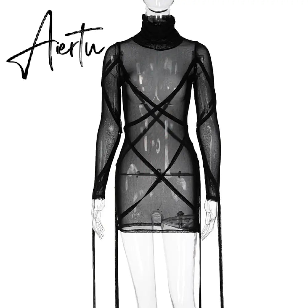 Aiertu Long Sleeve Mesh See-Through Bandage Sexy Mini Dress Summer Women Streetwear Outfits Y2K Chic Party Club Clothing Aiertu