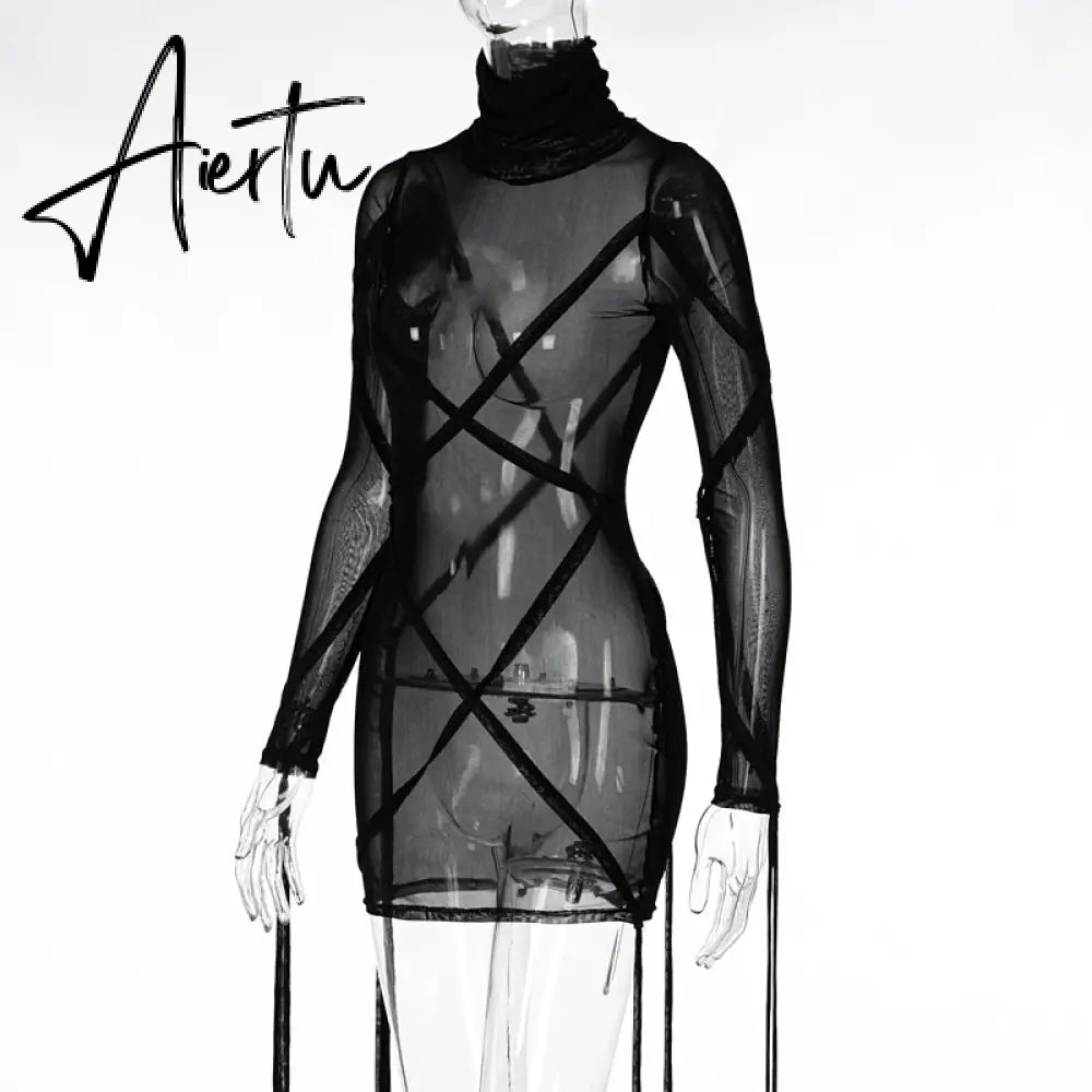 Aiertu Long Sleeve Mesh See-Through Bandage Sexy Mini Dress Summer Women Streetwear Outfits Y2K Chic Party Club Clothing Aiertu