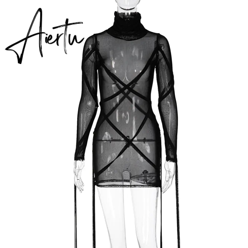 Aiertu Long Sleeve Mesh See-Through Bandage Sexy Mini Dress Summer Women Streetwear Outfits Y2K Chic Party Club Clothing Aiertu
