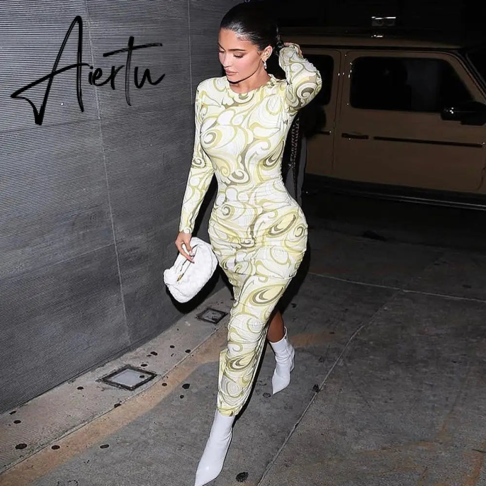 Aiertu Long Sleeve O-Neck Bodycon Asymmetric Dress Summer Women Fashion Streetwear Club Clothing Aiertu