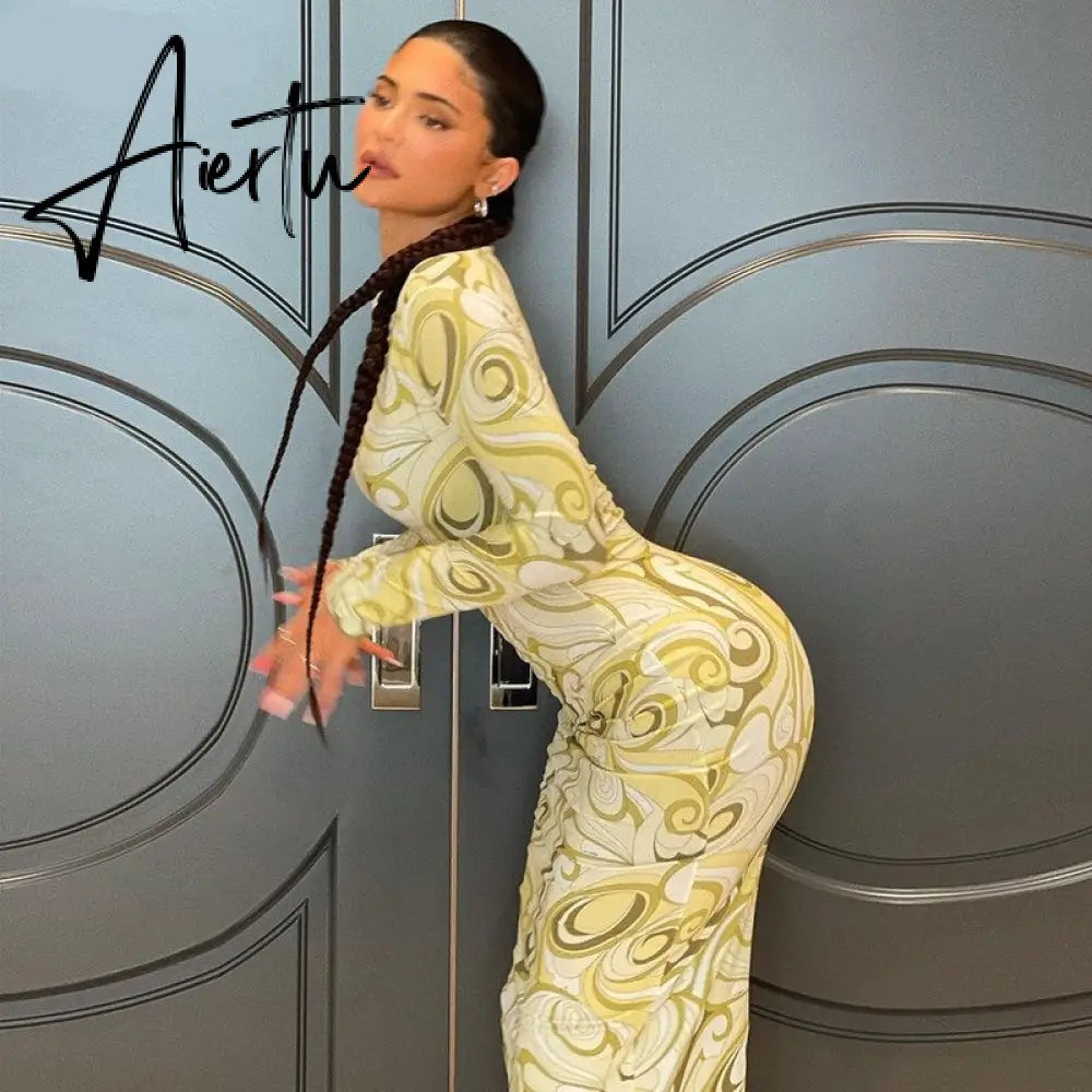 Aiertu Long Sleeve O-Neck Bodycon Asymmetric Dress Summer Women Fashion Streetwear Club Clothing Aiertu