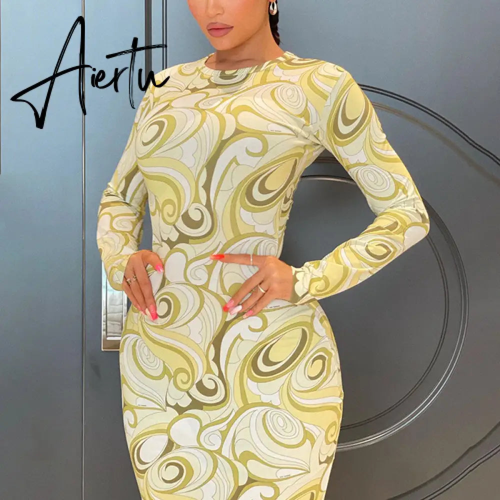 Aiertu Long Sleeve O-Neck Bodycon Asymmetric Dress Summer Women Fashion Streetwear Club Clothing Aiertu
