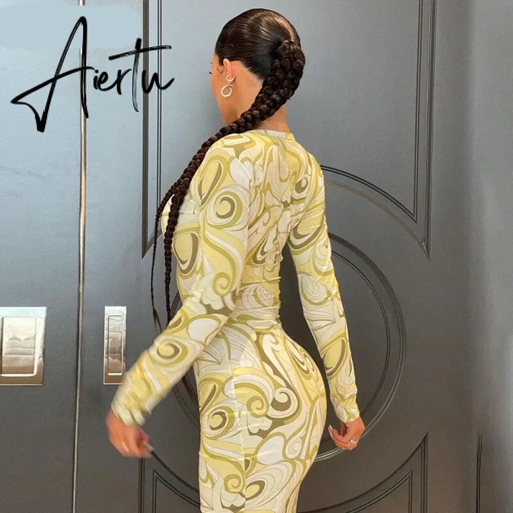 Aiertu Long Sleeve O-Neck Bodycon Asymmetric Dress Summer Women Fashion Streetwear Club Clothing Aiertu