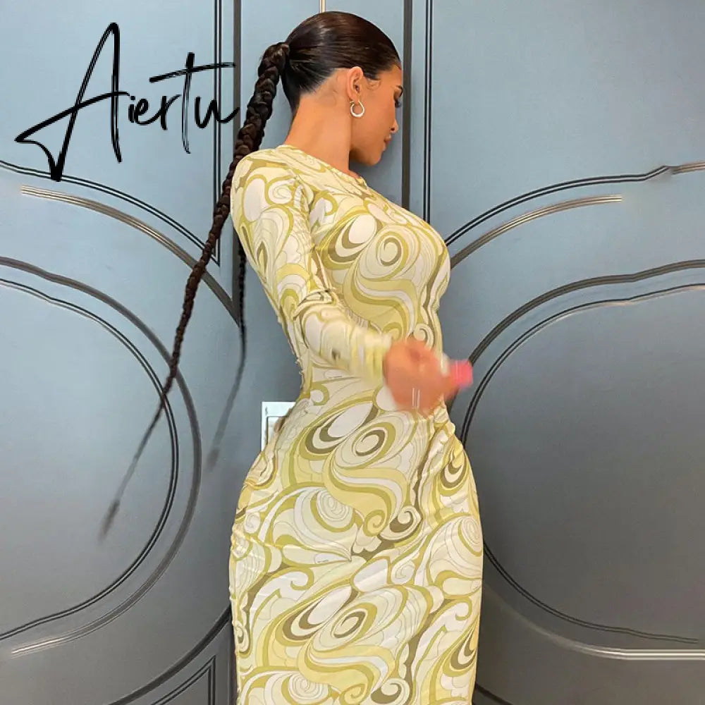 Aiertu Long Sleeve O-Neck Bodycon Asymmetric Dress Summer Women Fashion Streetwear Club Clothing Aiertu