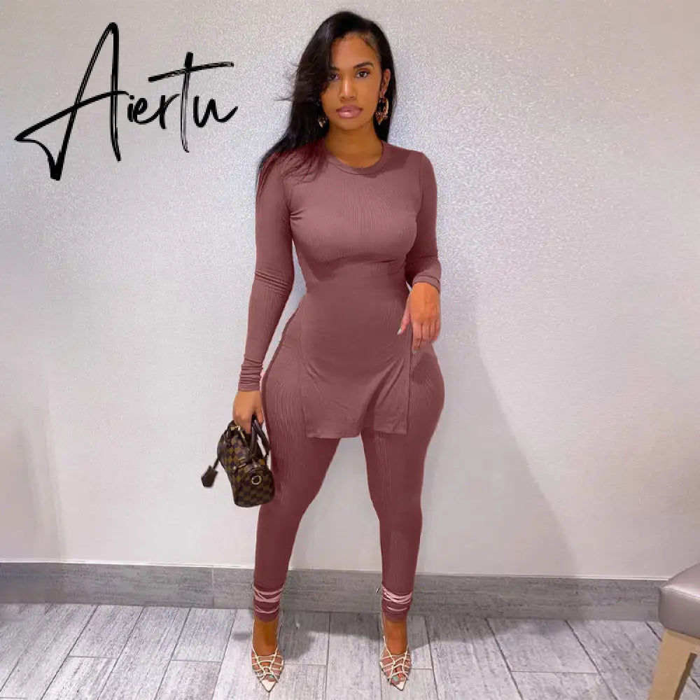 Aiertu Long Sleeve O-Neck Skinny Stretchy Solid Print Jumpsuit Summer Women Fashion Streetwear Romper Aiertu