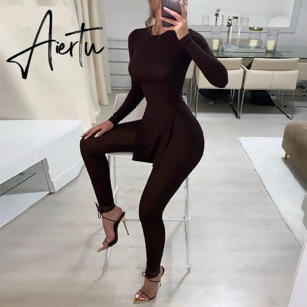 Aiertu Long Sleeve O-Neck Skinny Stretchy Solid Print Jumpsuit Summer Women Fashion Streetwear Romper Aiertu
