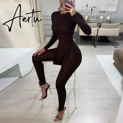Aiertu Long Sleeve O-Neck Skinny Stretchy Solid Print Jumpsuit Summer Women Fashion Streetwear Romper Aiertu