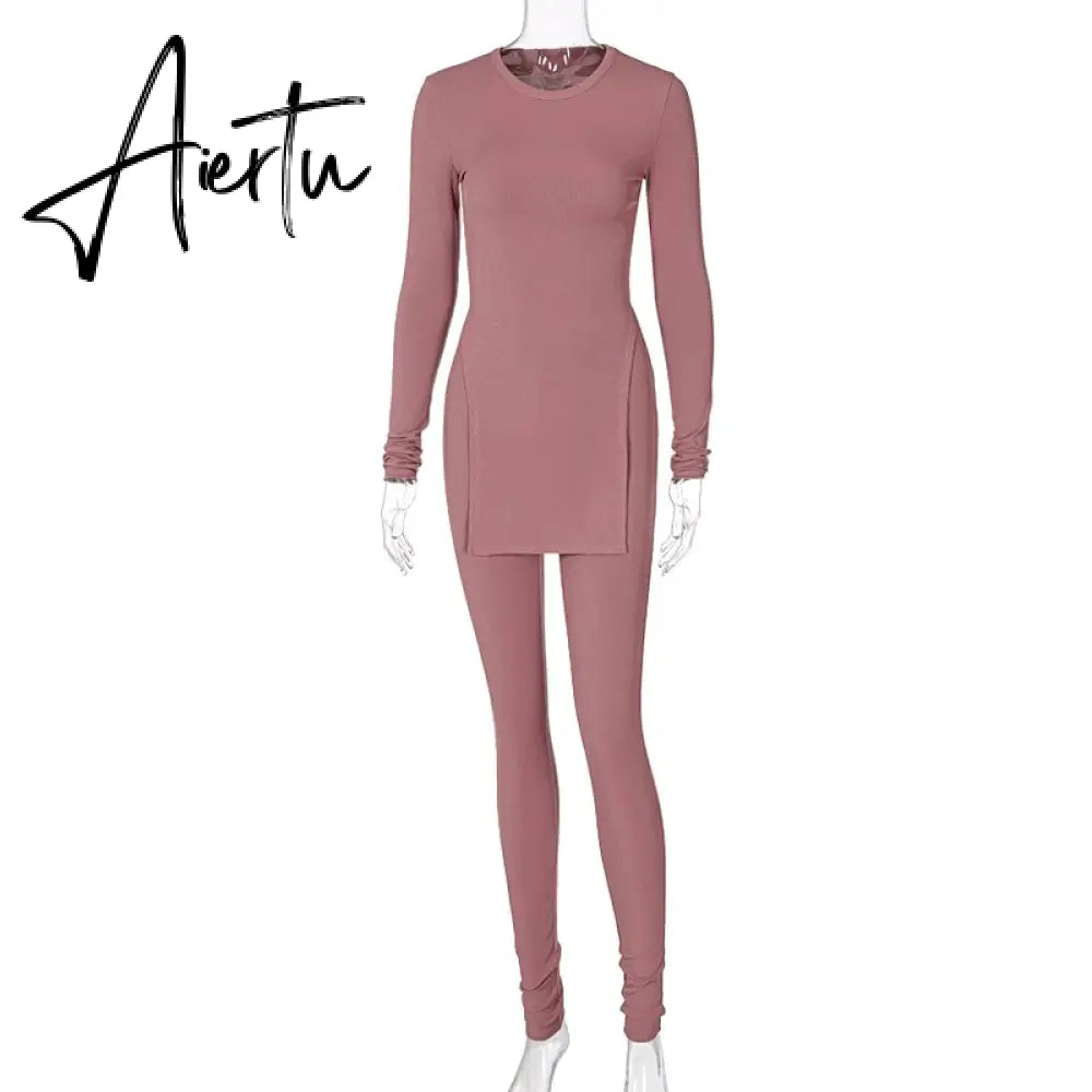 Aiertu Long Sleeve O-Neck Skinny Stretchy Solid Print Jumpsuit Summer Women Fashion Streetwear Romper Aiertu