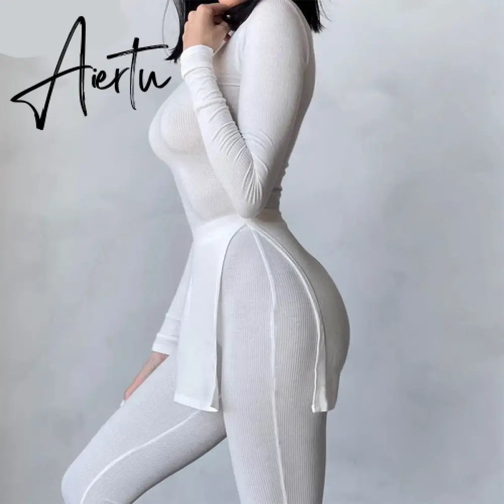 Aiertu Long Sleeve O-Neck Skinny Stretchy Solid Print Jumpsuit Summer Women Fashion Streetwear Romper Aiertu