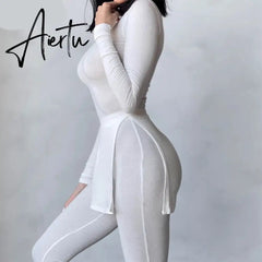 Aiertu Long Sleeve O-Neck Skinny Stretchy Solid Print Jumpsuit Summer Women Fashion Streetwear Romper Aiertu