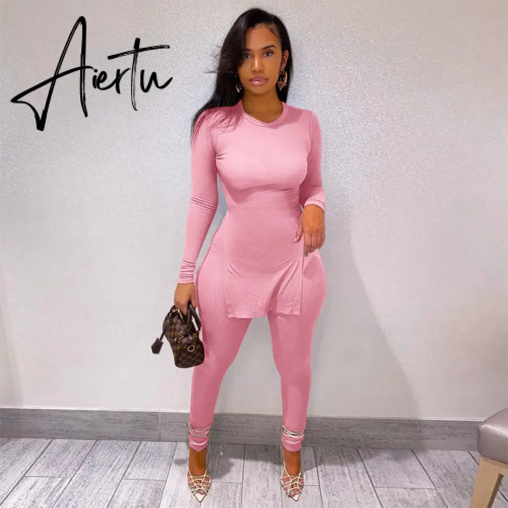 Aiertu Long Sleeve O-Neck Skinny Stretchy Solid Print Jumpsuit Summer Women Fashion Streetwear Romper Aiertu