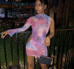 Aiertu Long Sleeve One-Shouler Tie Dye Hollow Out Mesh See Through Mini Dress Spring Summer Women Fashion Sexy Partywear Aiertu