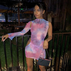 Aiertu Long Sleeve One-Shouler Tie Dye Hollow Out Mesh See Through Mini Dress Spring Summer Women Fashion Sexy Partywear Aiertu