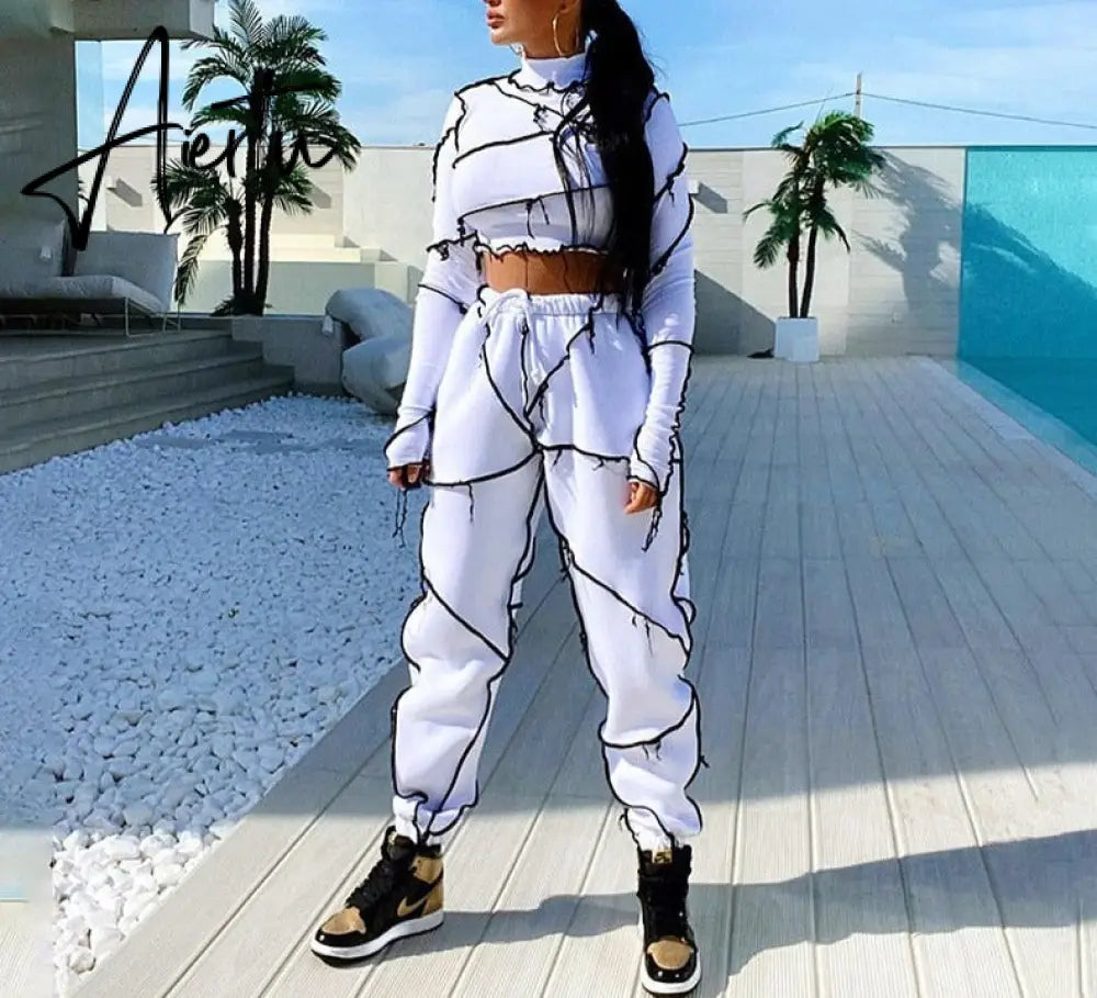 Aiertu Long Sleeve Patchwork Turtleneck Tashirt Top Pants 2 Pieces Set Autumn Winter Women Casual Tracksuit Aiertu