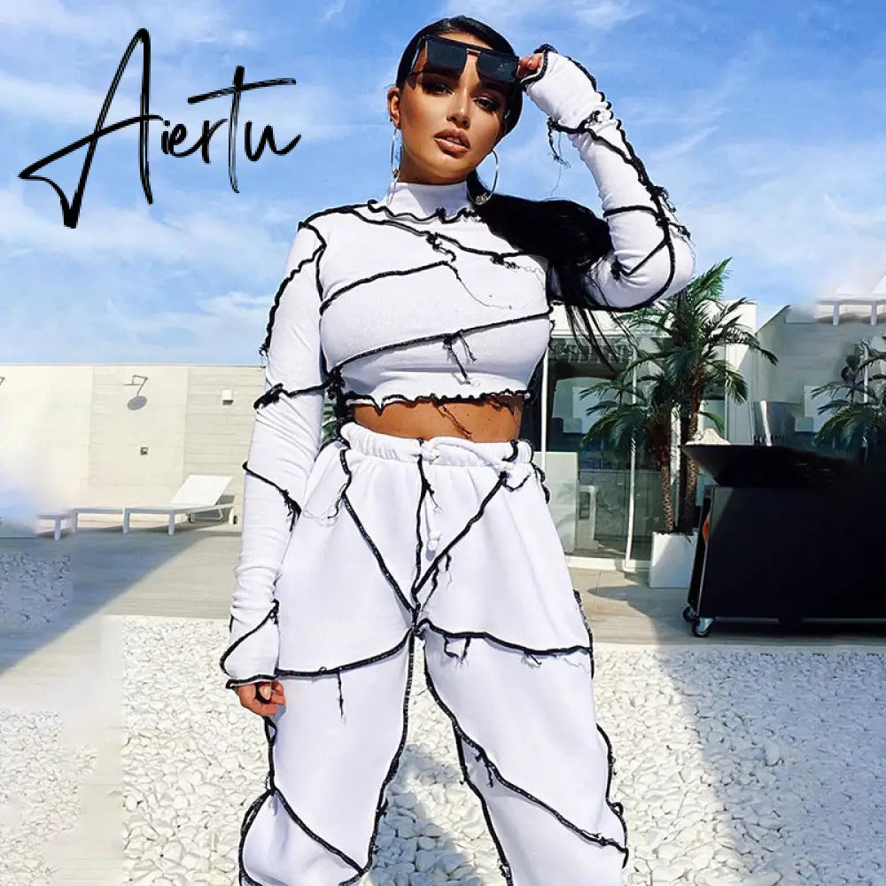 Aiertu Long Sleeve Patchwork Turtleneck Tashirt Top Pants 2 Pieces Set Autumn Winter Women Casual Tracksuit Aiertu