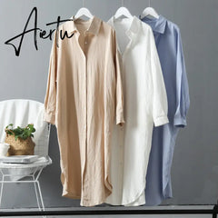 Aiertu Long Sleeve Long Shirt Dress Spring Autumn Casual  Buttons Loose Dresses Robe Femme Vestido Aiertu