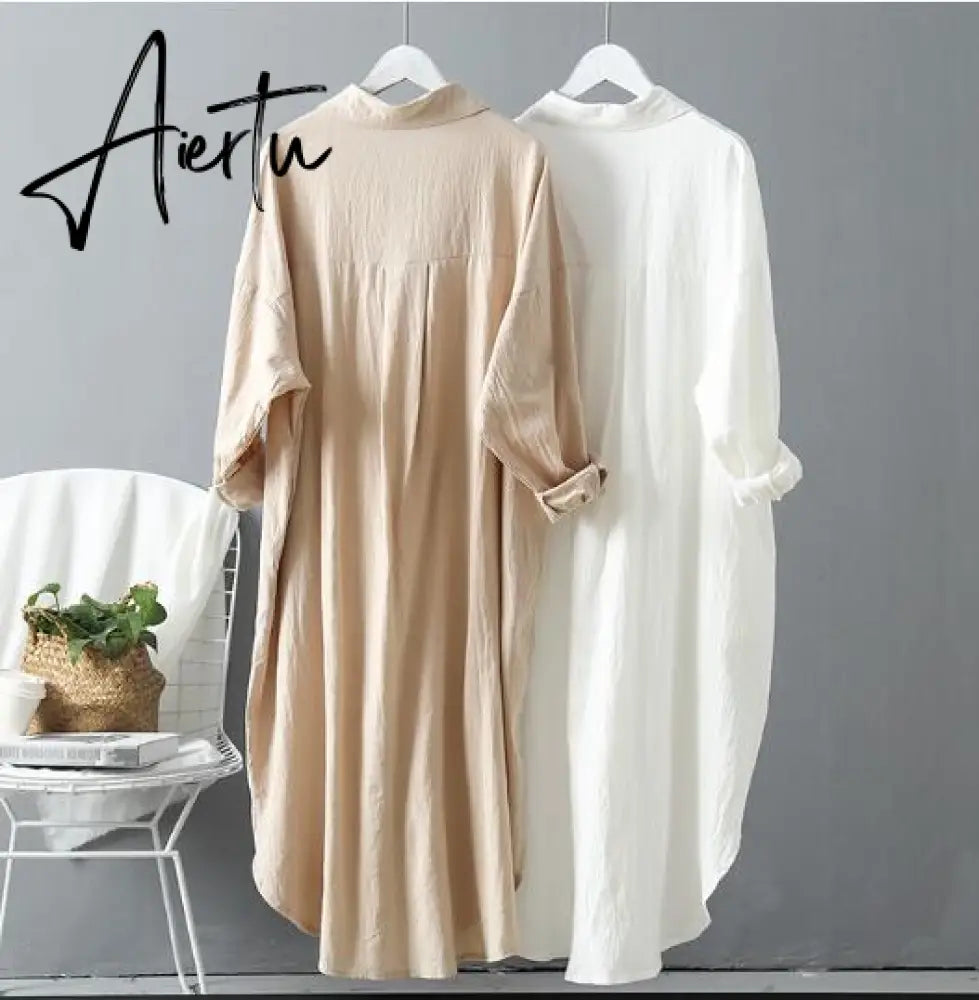 Aiertu Long Sleeve Long Shirt Dress Spring Autumn Casual  Buttons Loose Dresses Robe Femme Vestido Aiertu