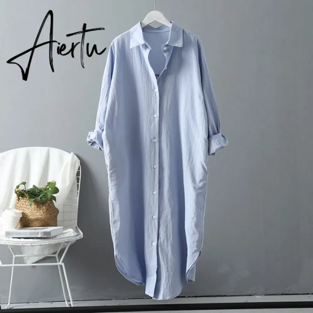 Aiertu Long Sleeve Long Shirt Dress Spring Autumn Casual  Buttons Loose Dresses Robe Femme Vestido Aiertu