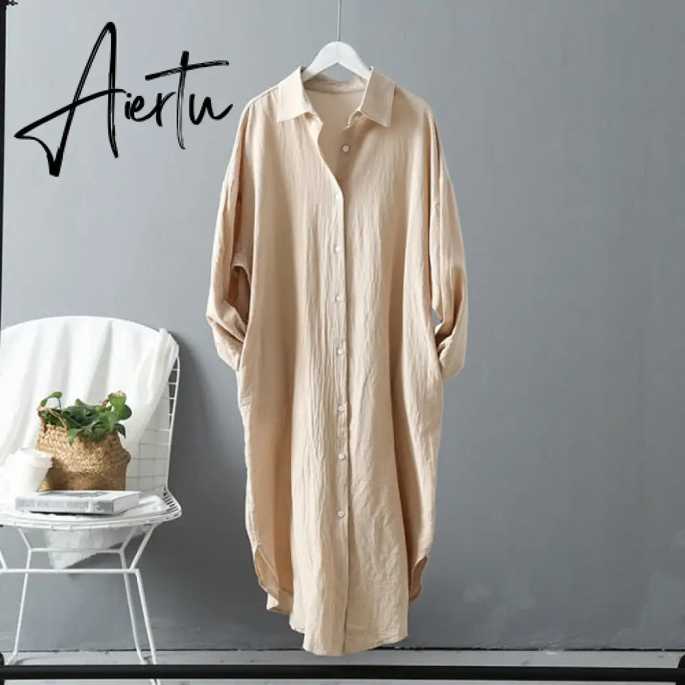 Aiertu Long Sleeve Long Shirt Dress Spring Autumn Casual  Buttons Loose Dresses Robe Femme Vestido Aiertu