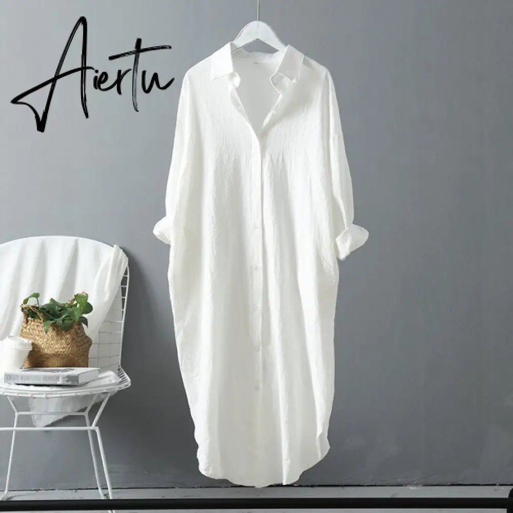 Aiertu Long Sleeve Long Shirt Dress Spring Autumn Casual  Buttons Loose Dresses Robe Femme Vestido Aiertu