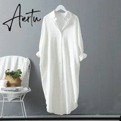 Aiertu Long Sleeve Long Shirt Dress Spring Autumn Casual  Buttons Loose Dresses Robe Femme Vestido Aiertu