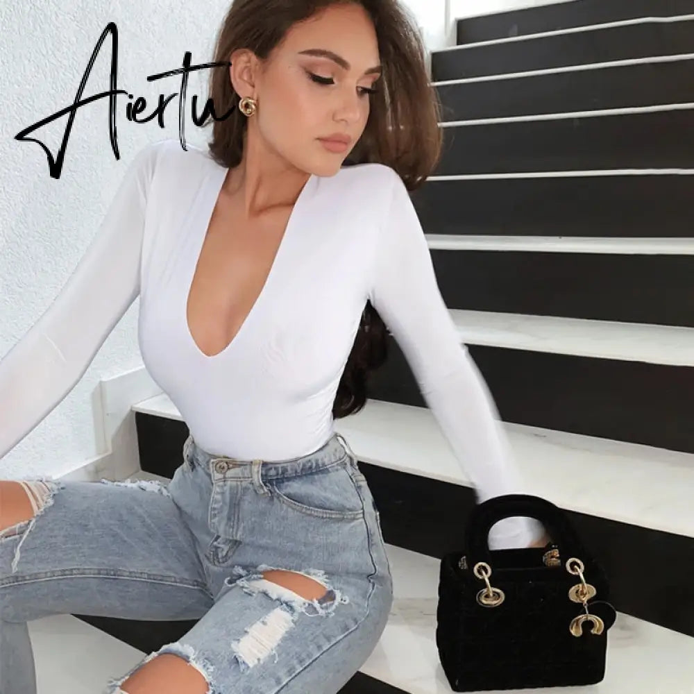 Aiertu Long Sleeve Solid V-Neck Shoulder  Pads Skinny Bodysuit  Autumn Winter Women Fashion Sexy Streetwear Casual Romper Aiertu