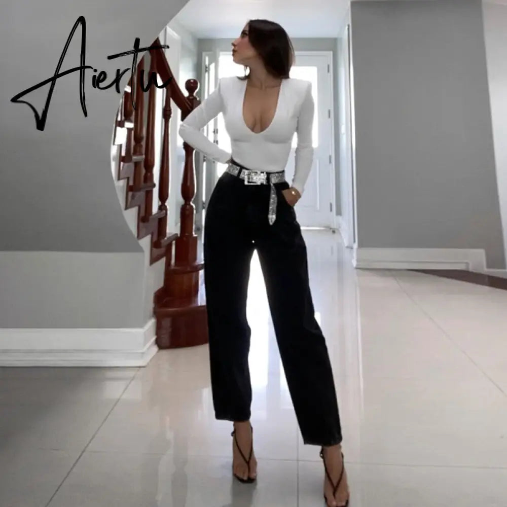 Aiertu Long Sleeve Solid V-Neck Shoulder  Pads Skinny Bodysuit  Autumn Winter Women Fashion Sexy Streetwear Casual Romper Aiertu