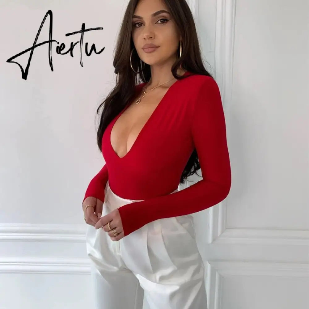 Aiertu Long Sleeve Solid V-Neck Shoulder  Pads Skinny Bodysuit  Autumn Winter Women Fashion Sexy Streetwear Casual Romper Aiertu