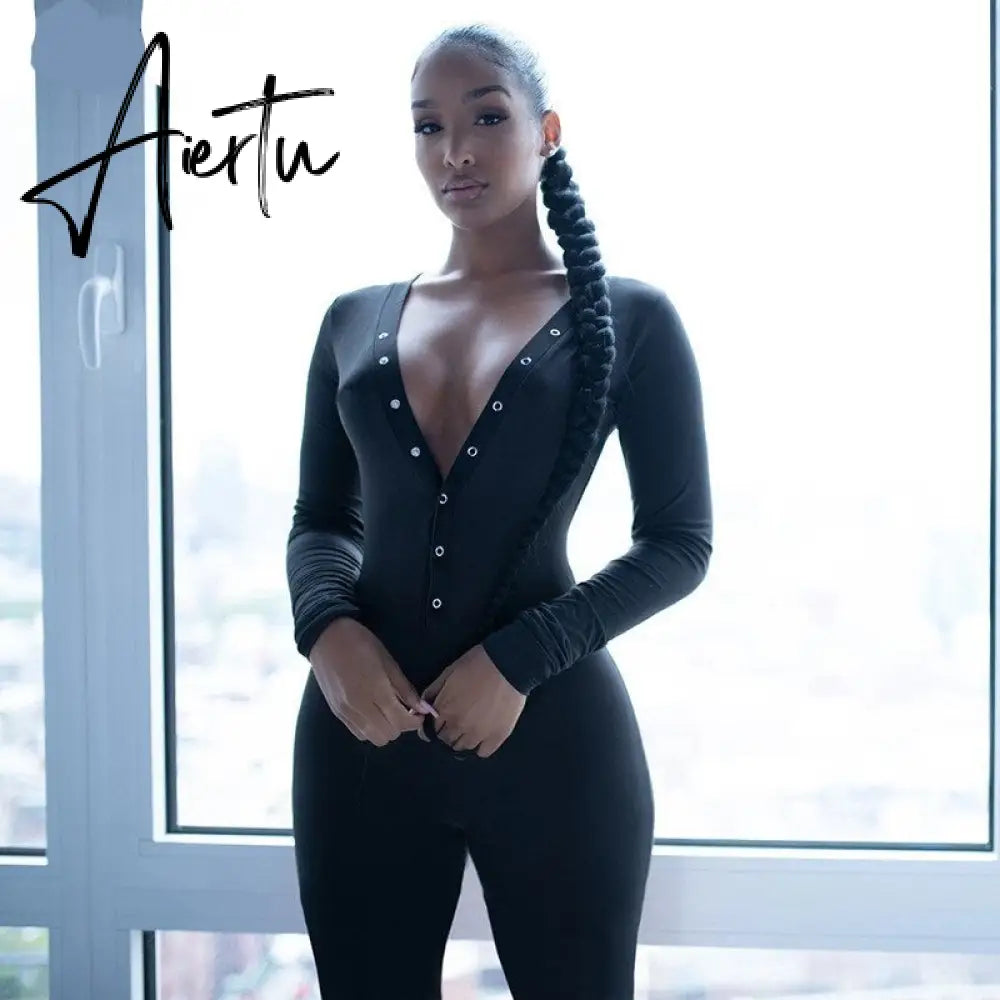 Aiertu  Long Sleeve V-Neck Buttons Embroidery Bodycon Jumpsuit Autumn Winter Women Fashion Streetwear Outfits Romper Aiertu