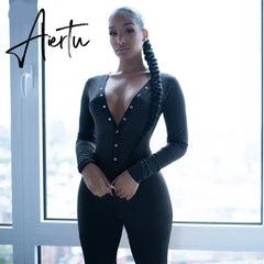 Aiertu  Long Sleeve V-Neck Buttons Embroidery Bodycon Jumpsuit Autumn Winter Women Fashion Streetwear Outfits Romper Aiertu