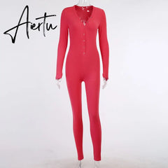 Aiertu  Long Sleeve V-Neck Buttons Embroidery Bodycon Jumpsuit Autumn Winter Women Fashion Streetwear Outfits Romper Aiertu