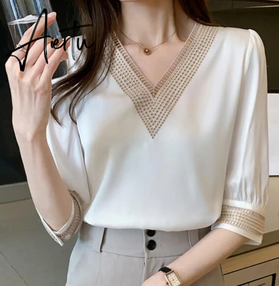 Aiertu Long Sleeve White Blouse Tops Blouse Women Blusas Mujer De Moda Embroidery V-Neck Chiffon Blouse Shirt Women Blouses E226 Aiertu