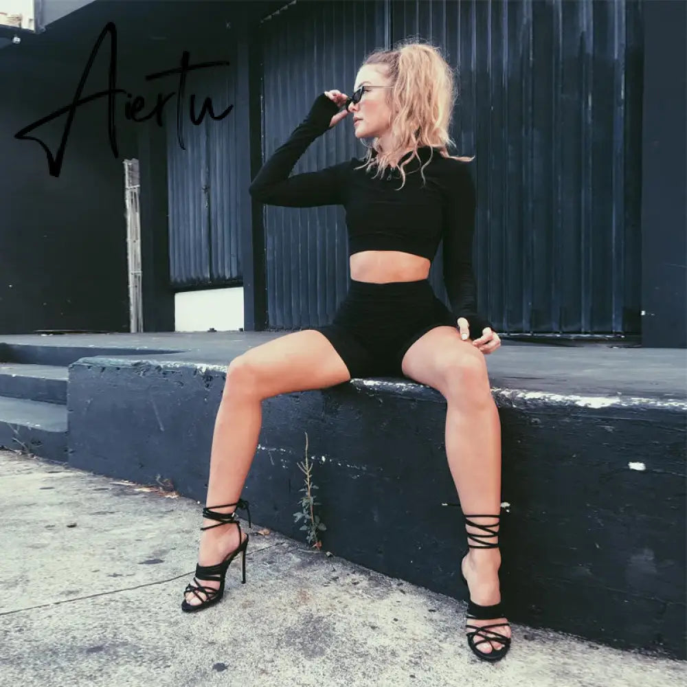 Aiertu  Long Sleeve Zipper High Neck Elastic Sexy Crop Tops Shorts 2-Pieces Summer Autumn Women Fashion Casual Sports Sets Aiertu