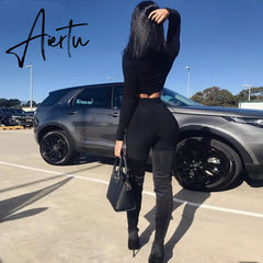 Aiertu  Long Sleeve Zipper High Neck Elastic Sexy Crop Tops Shorts 2-Pieces Summer Autumn Women Fashion Casual Sports Sets Aiertu