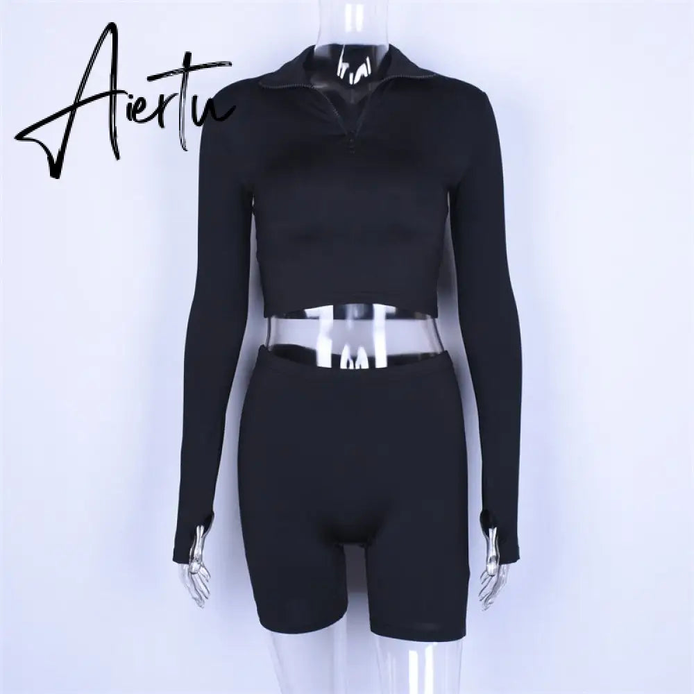Aiertu  Long Sleeve Zipper High Neck Elastic Sexy Crop Tops Shorts 2-Pieces Summer Autumn Women Fashion Casual Sports Sets Aiertu