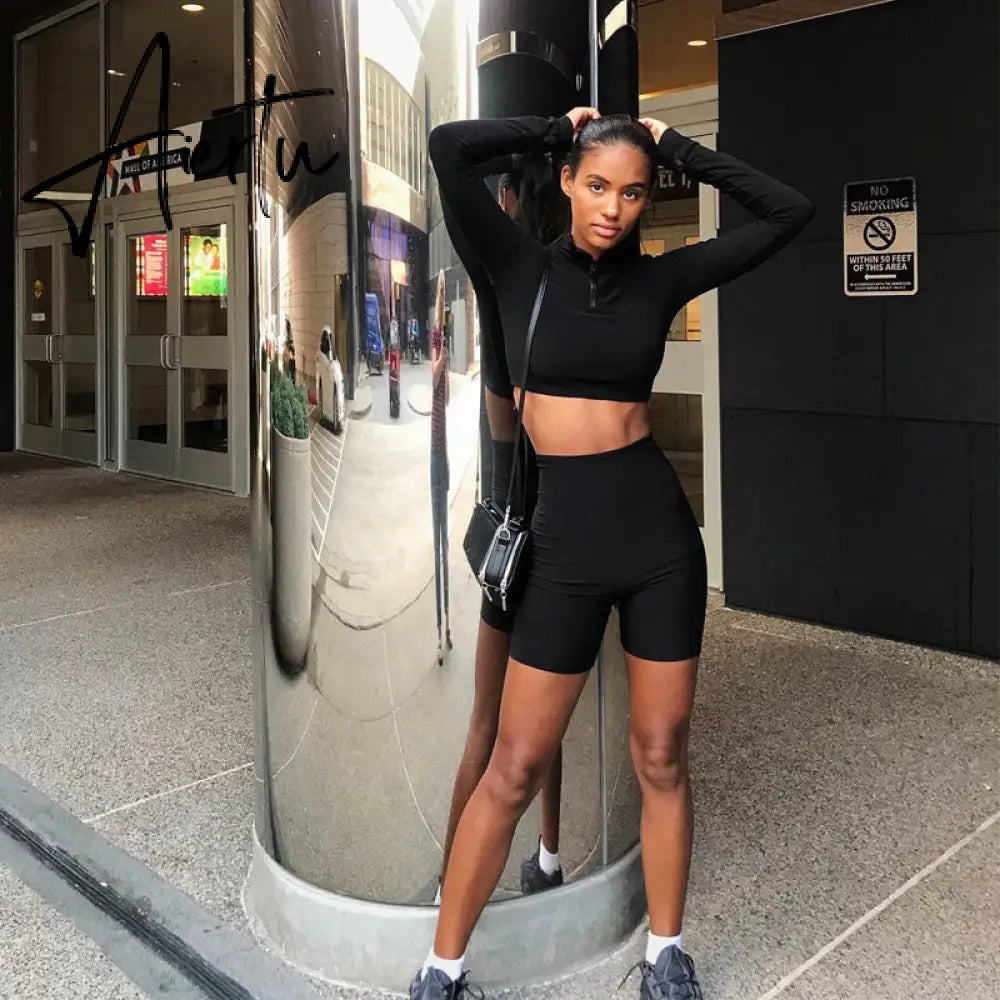 Aiertu  Long Sleeve Zipper High Neck Elastic Sexy Crop Tops Shorts 2-Pieces Summer Autumn Women Fashion Casual Sports Sets Aiertu