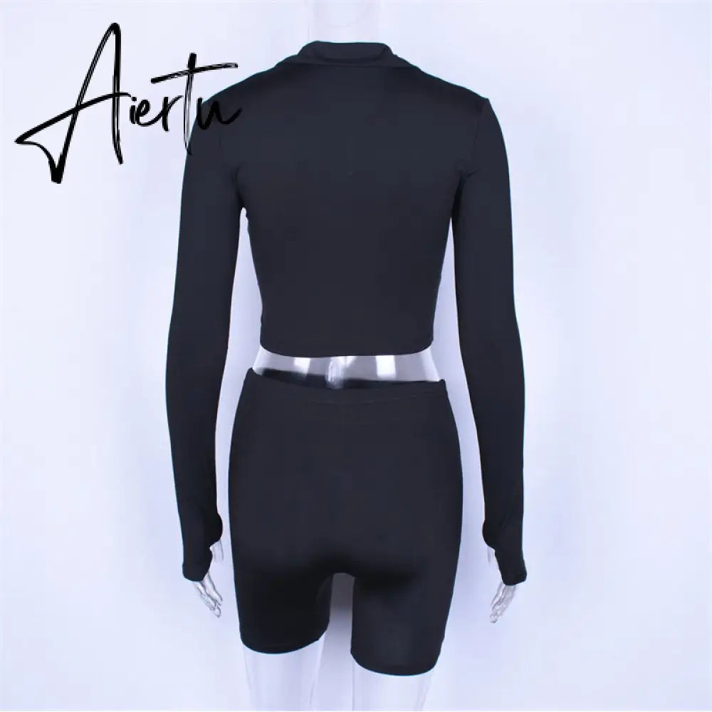 Aiertu  Long Sleeve Zipper High Neck Elastic Sexy Crop Tops Shorts 2-Pieces Summer Autumn Women Fashion Casual Sports Sets Aiertu