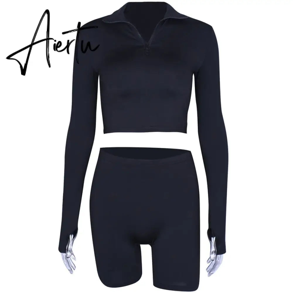 Aiertu  Long Sleeve Zipper High Neck Elastic Sexy Crop Tops Shorts 2-Pieces Summer Autumn Women Fashion Casual Sports Sets Aiertu